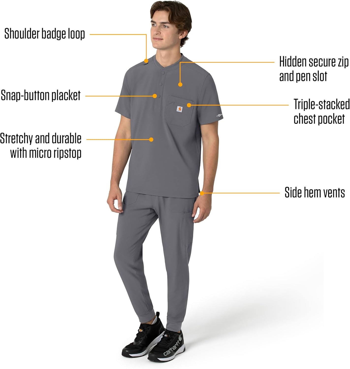 image:imageCarhartt Scrubs for Men Force CrossFlex Henley Tops with 3 PocketsPewter