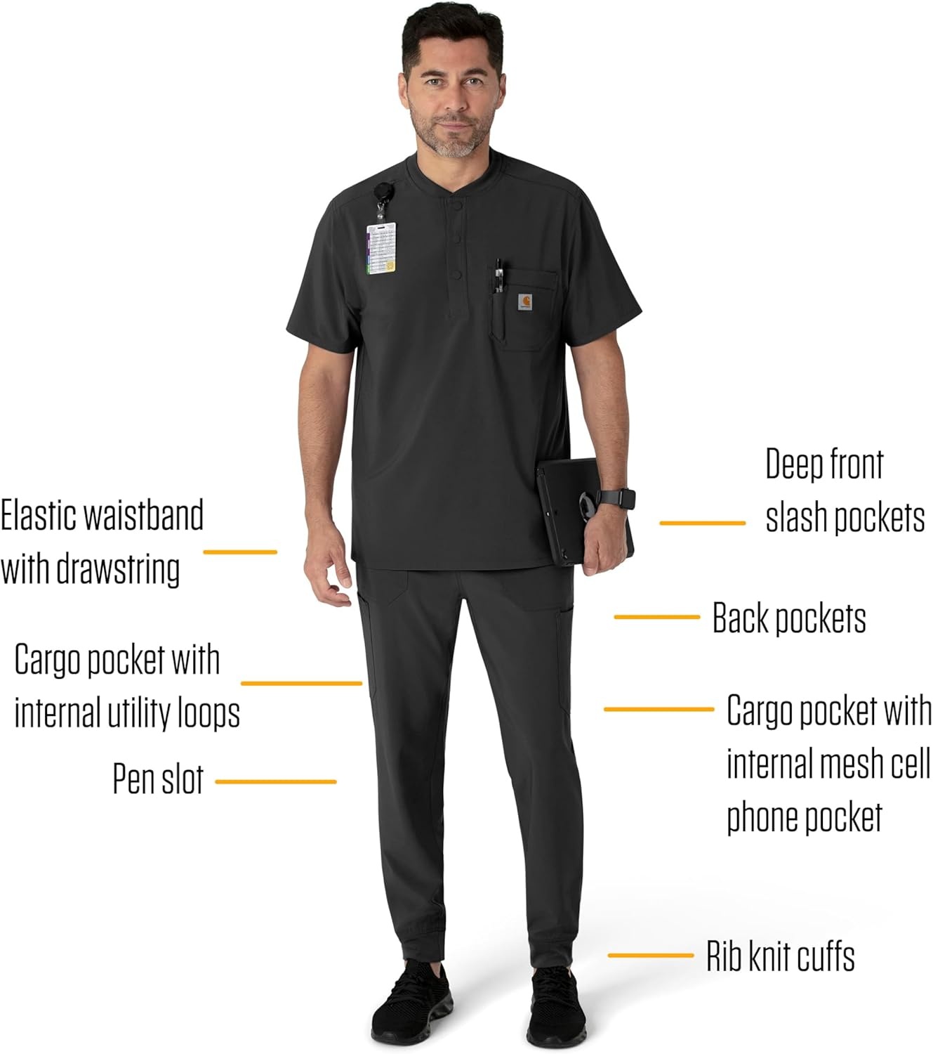 image:imageCarhartt Scrubs for Men Force CrossFlex Joggers Pants with Drawstring and 7 PocketsBlack