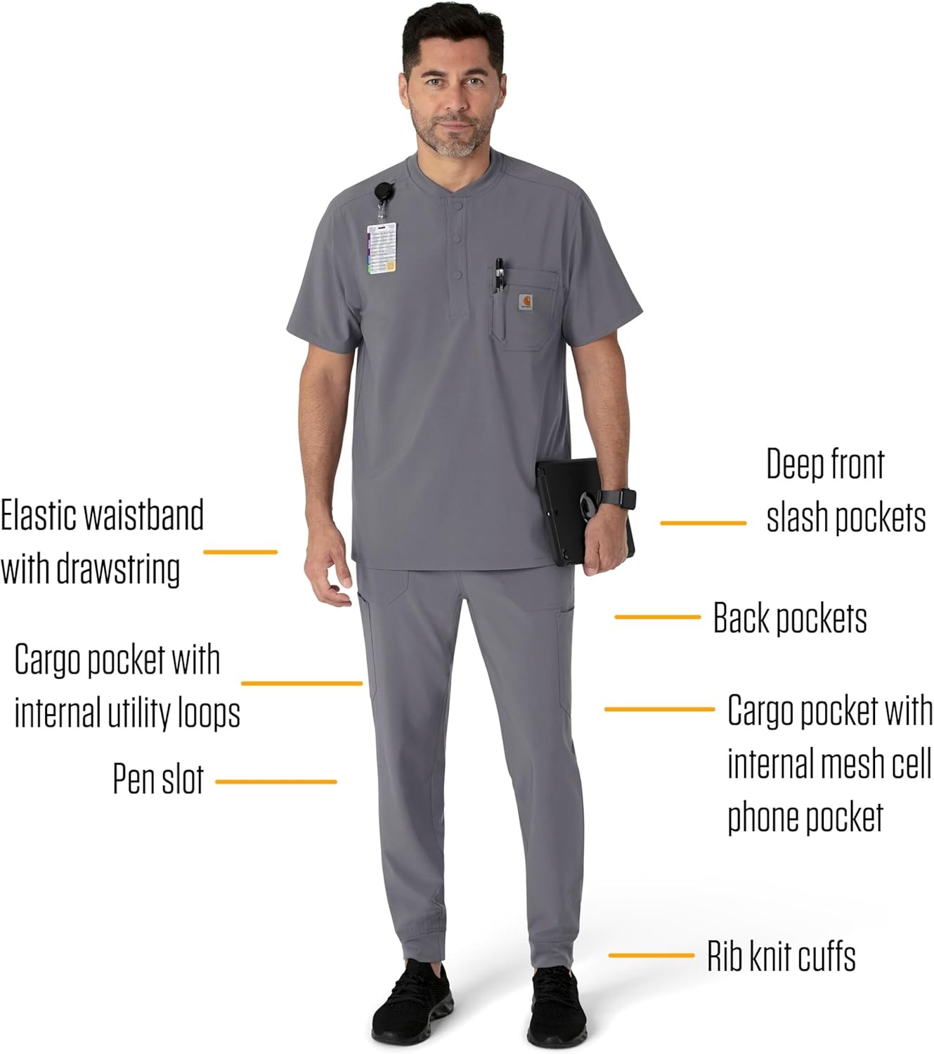 image:imageCarhartt Scrubs for Men Force CrossFlex Joggers Pants with Drawstring and 7 PocketsPewter