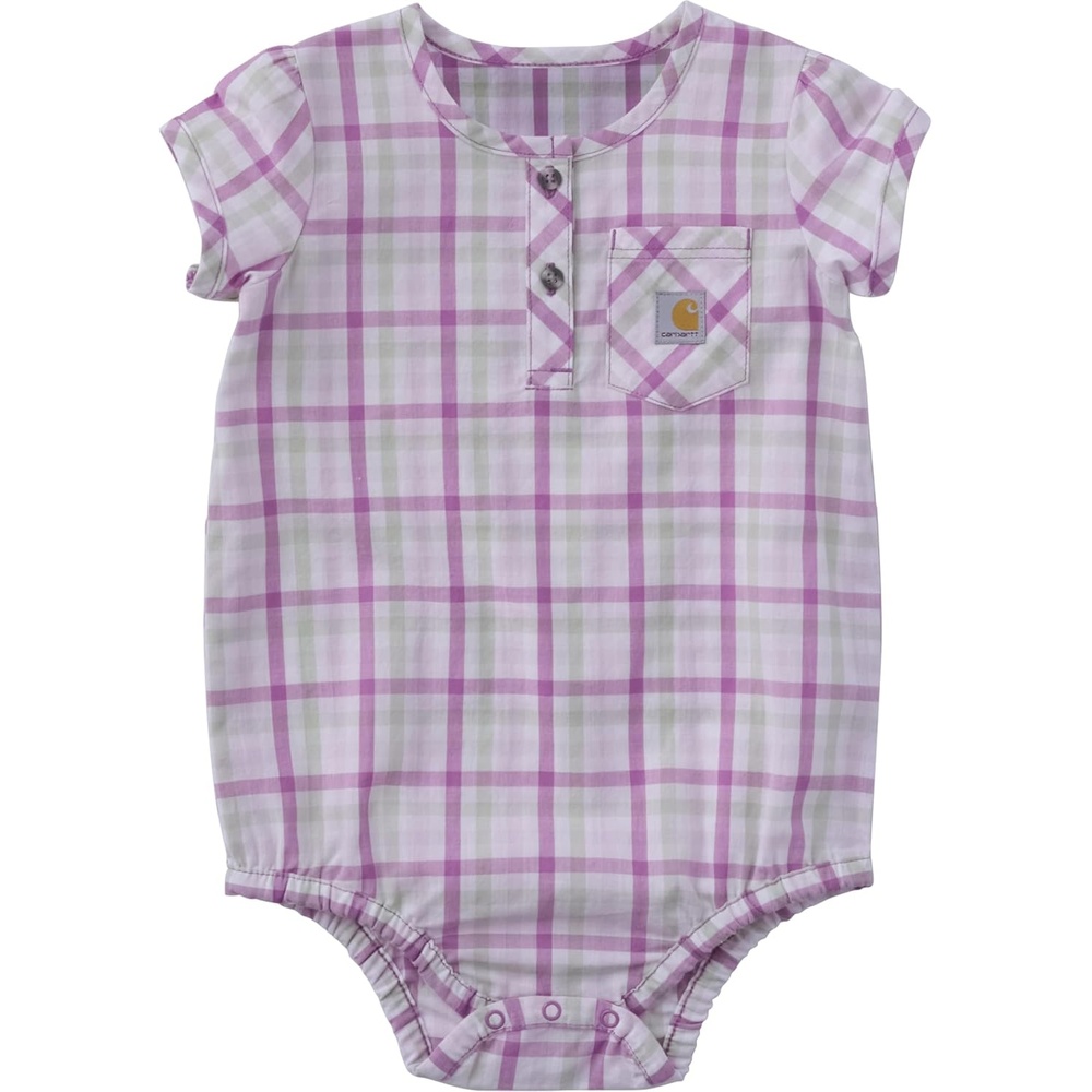 image:imageCarhartt Baby Girls PuffSleeve Woven Fabric Poplin BodysuitLavender Plaid
