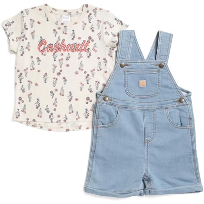 image:imageCarhartt Baby Girls Shortsleeve Tshirt and Shortall SetLight Wash Denim Toddler