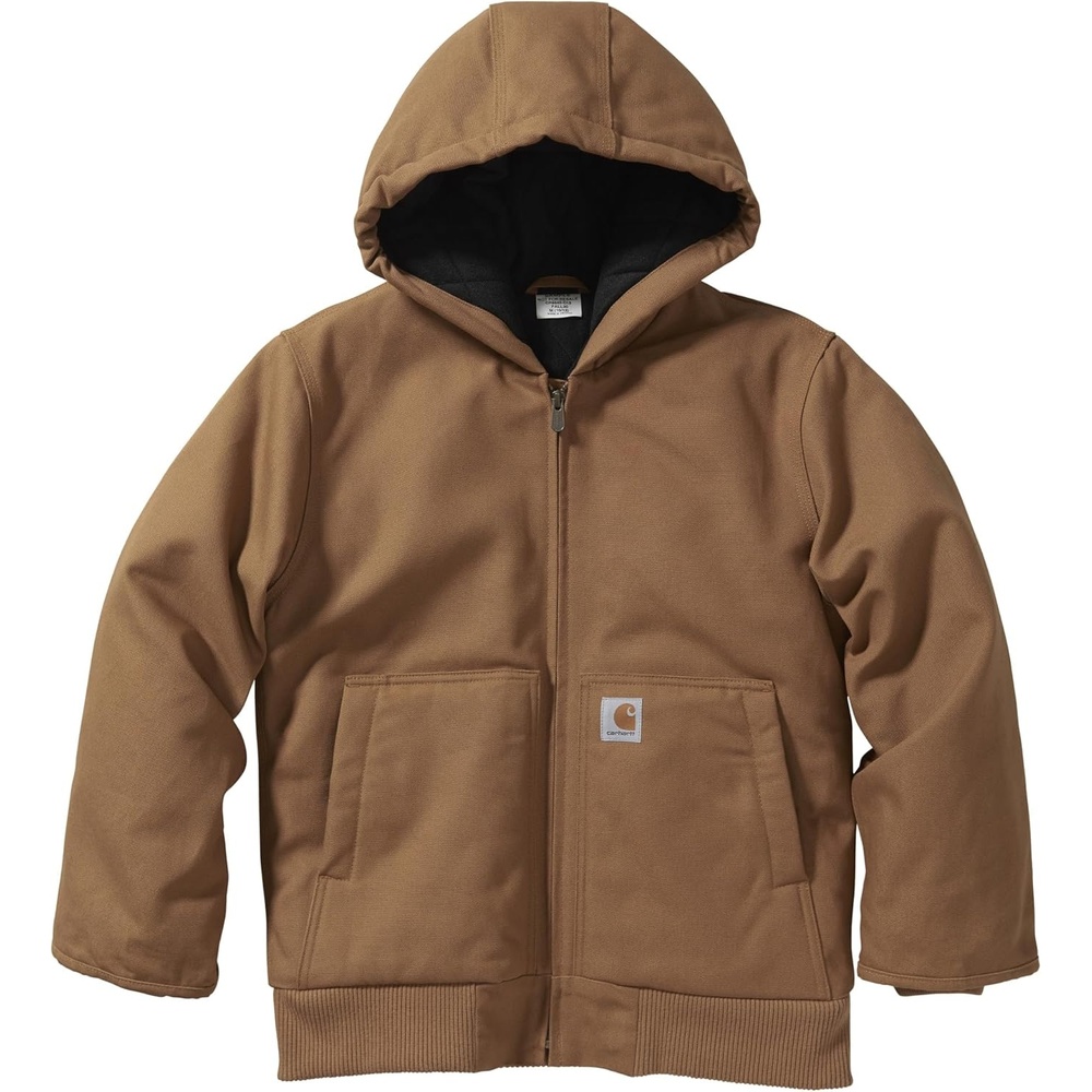 image:imageCarhartt Boys FlannelLined Hooded Canvas Insulated ZipUp JacketCarhartt Brown