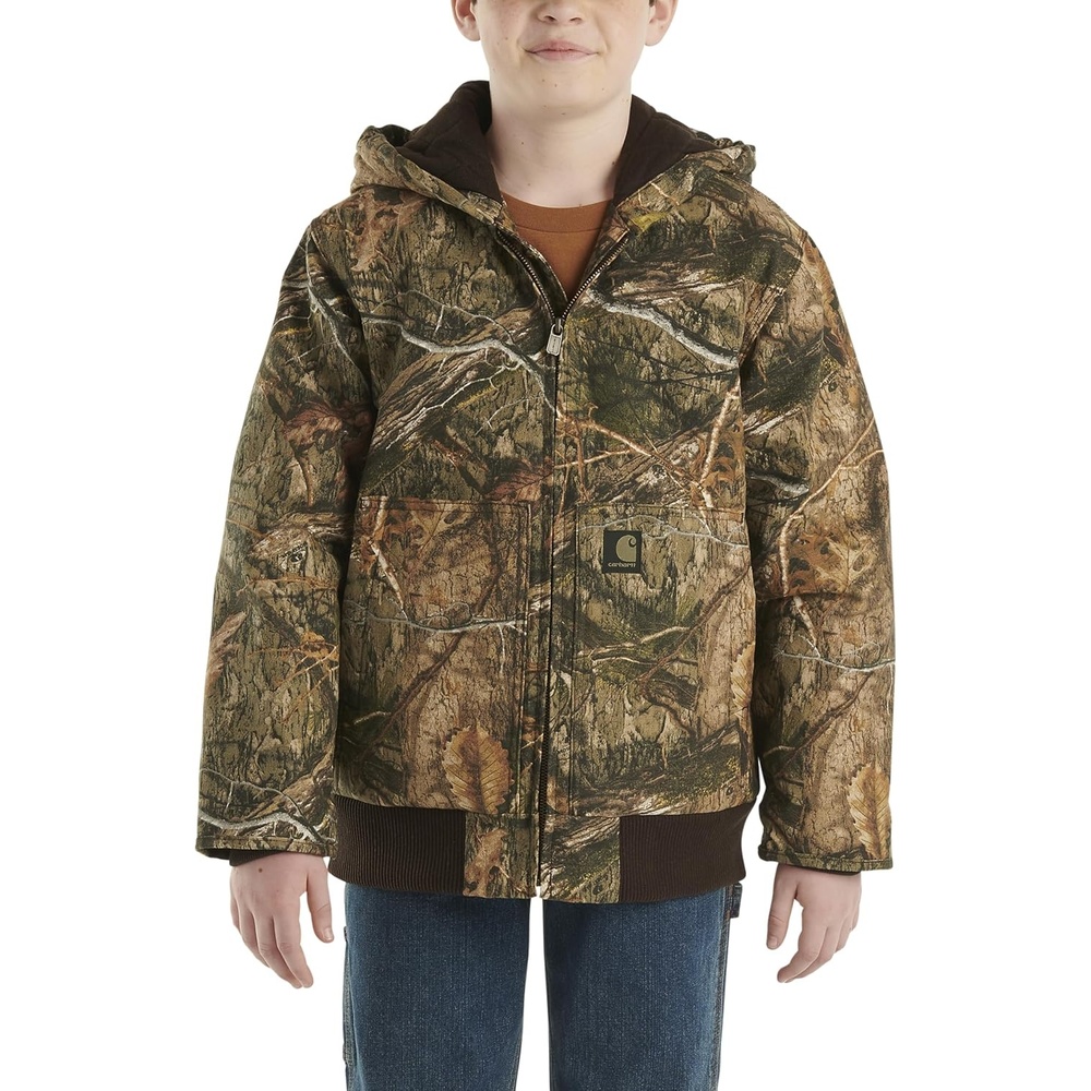 image:imageCarhartt Boys FlannelLined Hooded Canvas Insulated ZipUp JacketMossy Oak Country Camo