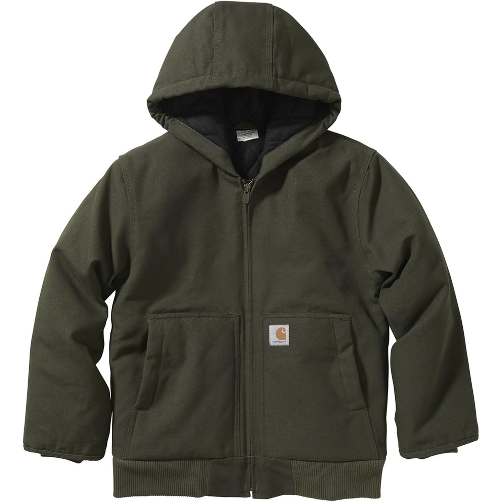 image:imageCarhartt Boys FlannelLined Hooded Canvas Insulated ZipUp JacketOlive