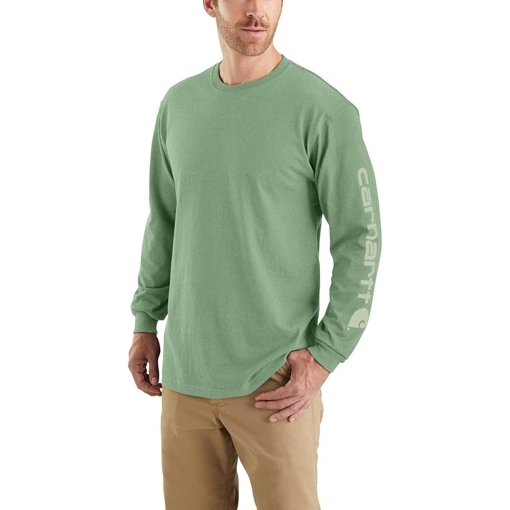 image:imageCarhartt Mens Dearborn Loose LongSleeve Logo TShirt CloseoutLoden Frost Heather