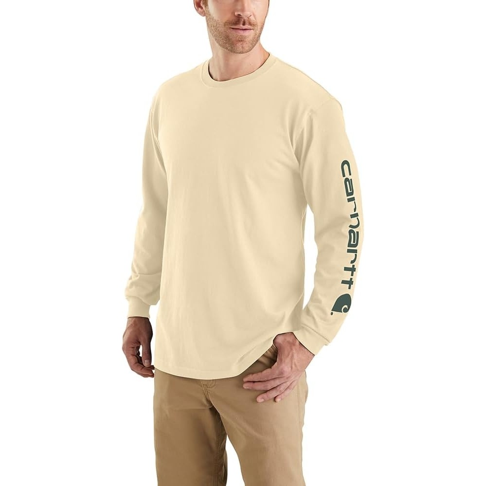 image:imageCarhartt Mens Dearborn Loose LongSleeve Logo TShirt CloseoutOat Milk