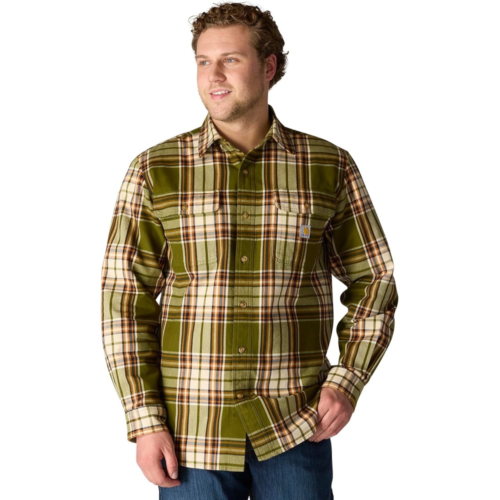 image:imageCarhartt Mens Loose Fit Heavyweight Flannel LongSleeve Plaid ShirtDark Bronzed Green