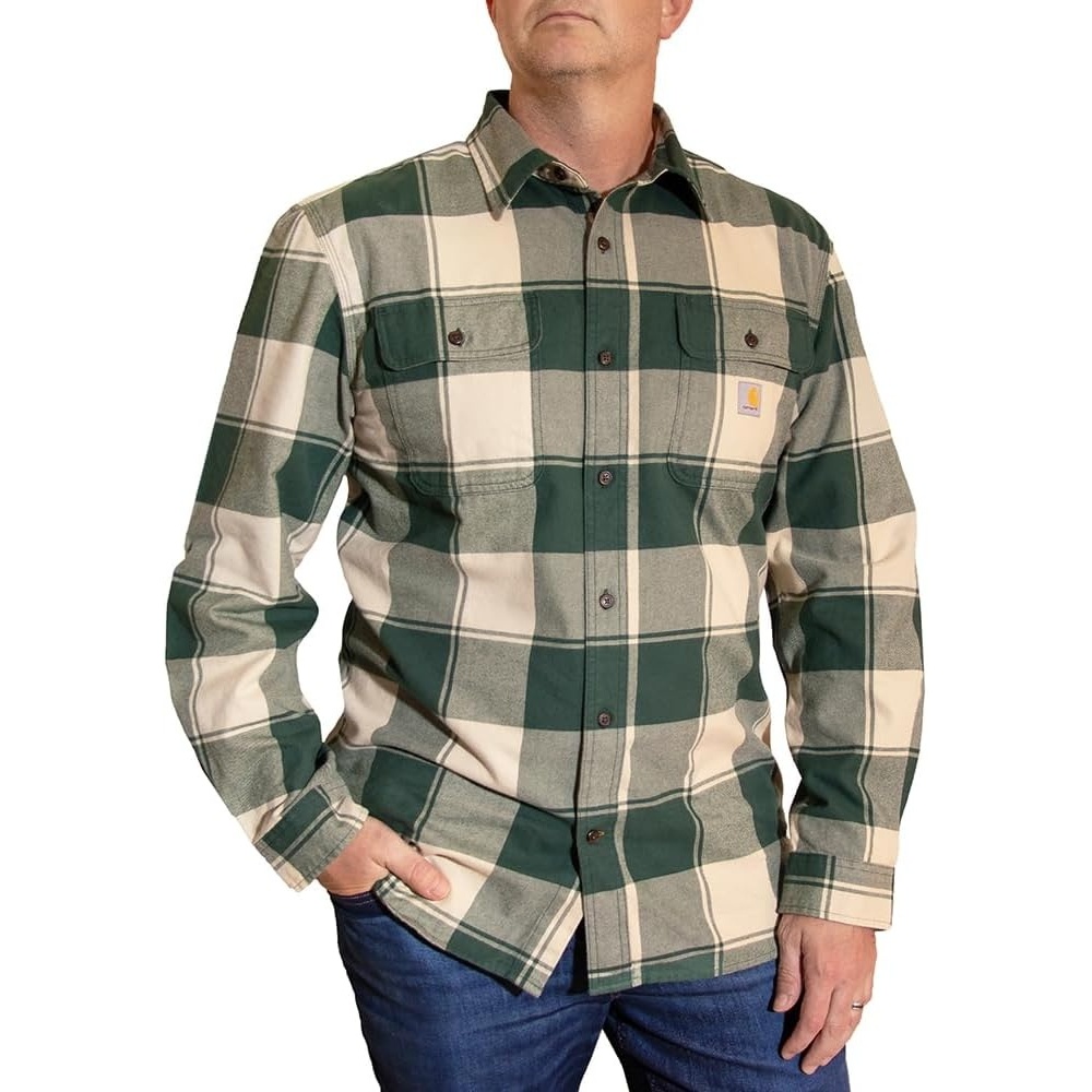 image:imageCarhartt Mens Loose Fit Heavyweight Flannel LongSleeve Plaid ShirtFrosted BalsamOatmilk