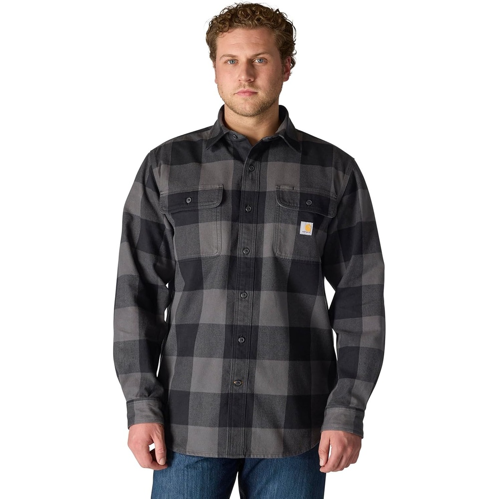 image:imageCarhartt Mens Loose Fit Heavyweight Flannel LongSleeve Plaid ShirtGravel