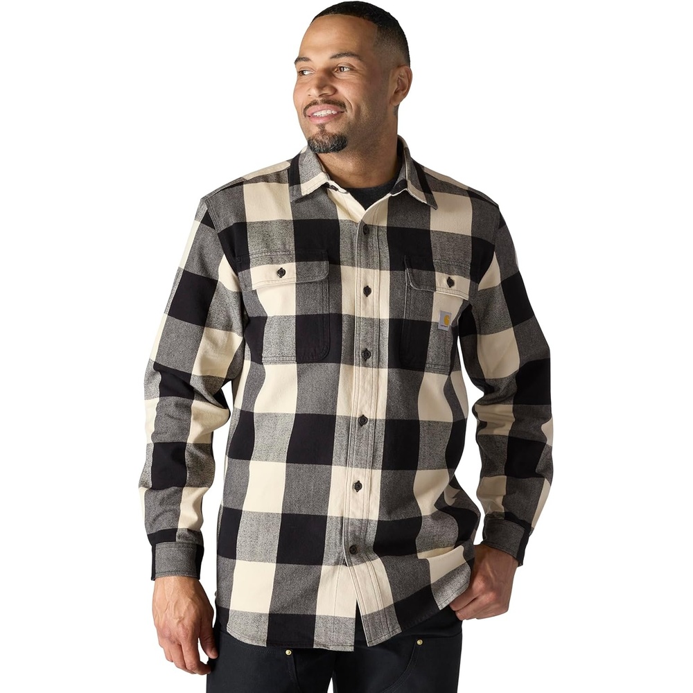 image:imageCarhartt Mens Loose Fit Heavyweight Flannel LongSleeve Plaid ShirtOat Milk