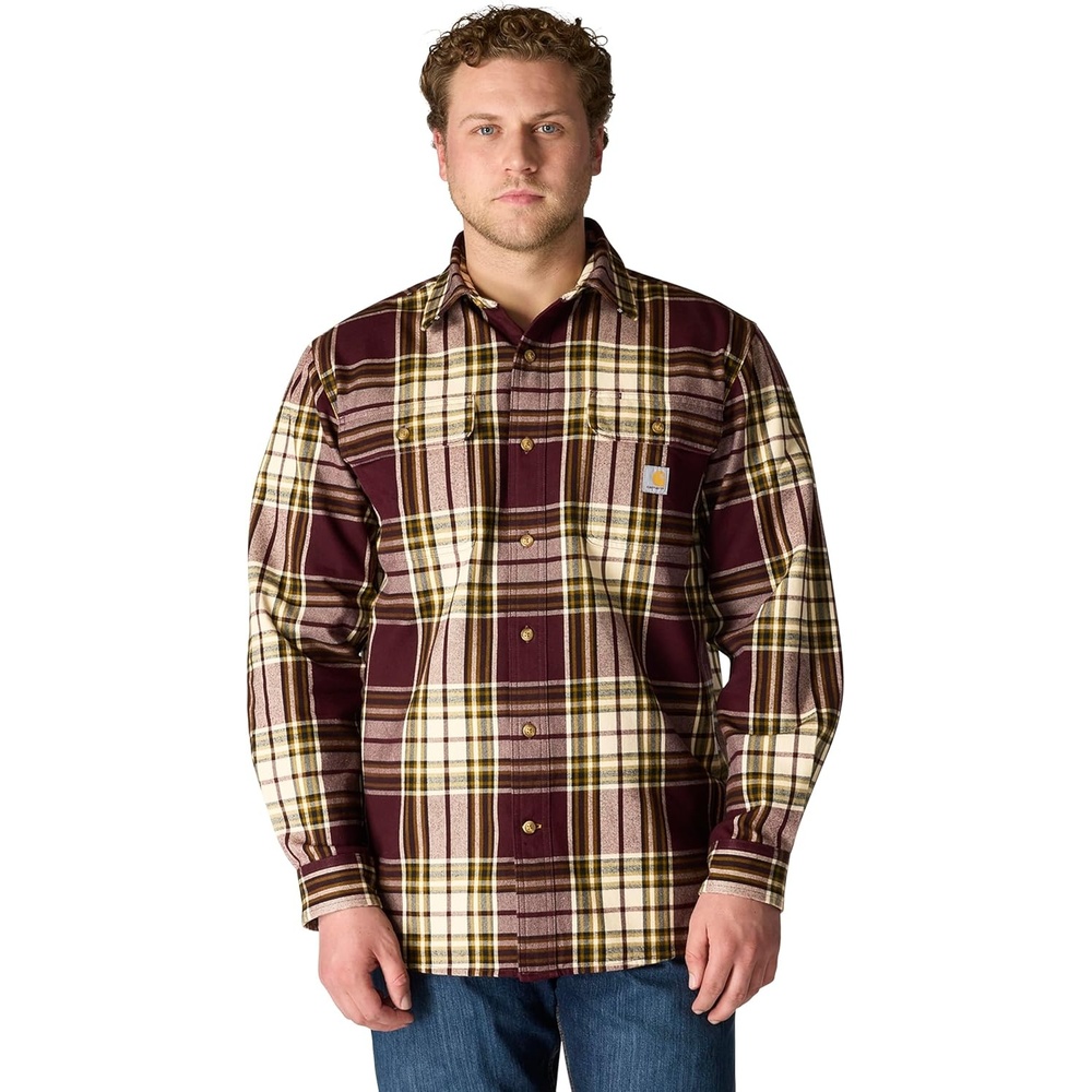 image:imageCarhartt Mens Loose Fit Heavyweight Flannel LongSleeve Plaid ShirtPort