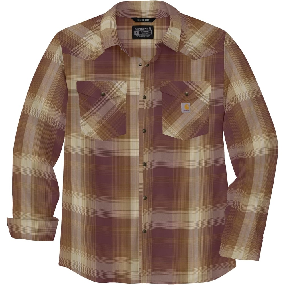 image:imageCarhartt Mens Montana Rugged Flex Relaxed Fit Lightweight LongSleeve SnapFront Plaid ShirtBarnwood