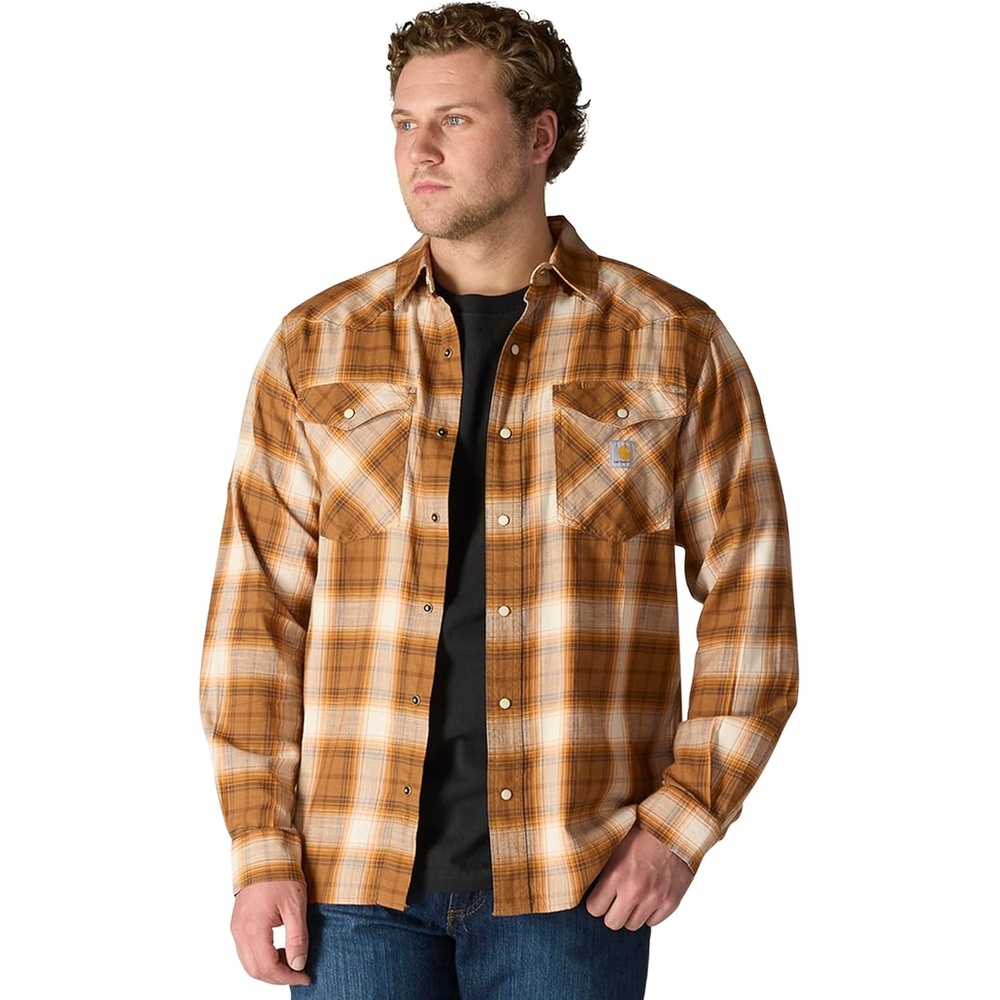 image:imageCarhartt Mens Montana Rugged Flex Relaxed Fit Lightweight LongSleeve SnapFront Plaid ShirtCarhartt Brown