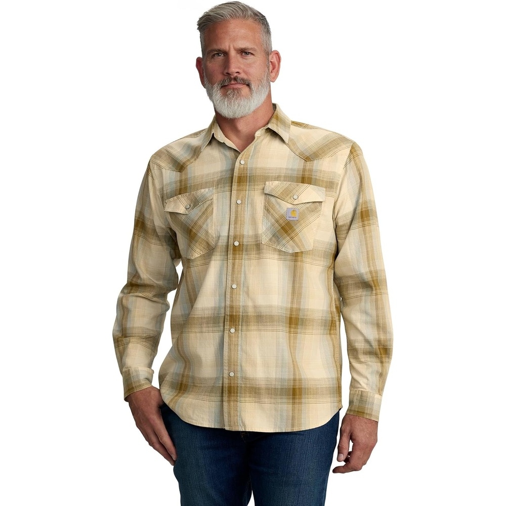 image:imageCarhartt Mens Montana Rugged Flex Relaxed Fit Lightweight LongSleeve SnapFront Plaid ShirtChalk