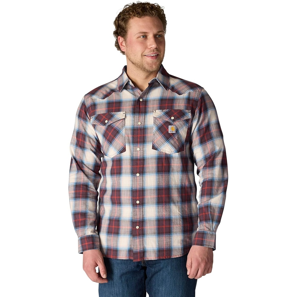 image:imageCarhartt Mens Montana Rugged Flex Relaxed Fit Lightweight LongSleeve SnapFront Plaid ShirtDark Sepia