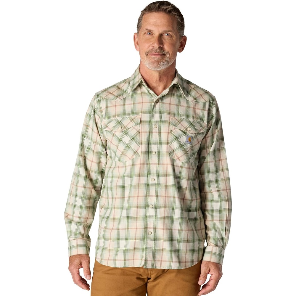 image:imageCarhartt Mens Montana Rugged Flex Relaxed Fit Lightweight LongSleeve SnapFront Plaid ShirtOat Milk