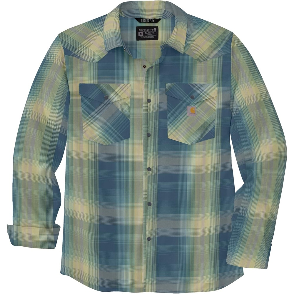 image:imageCarhartt Mens Montana Rugged Flex Relaxed Fit Lightweight LongSleeve SnapFront Plaid ShirtStorm Blue