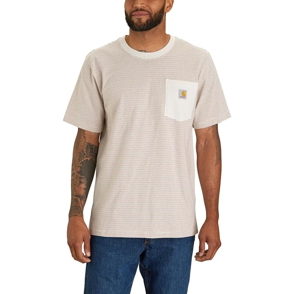 image:imageCarhartt Mens Relaxed Fit Heavyweight ShortSleeve Pocket Logo Graphic TShirtMaltApple Butter Stripe