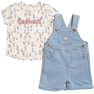 Carhartt Baby Girls’ Short-sleeve T-shirt and Shortall Set(Light Wash Denim (Toddler))