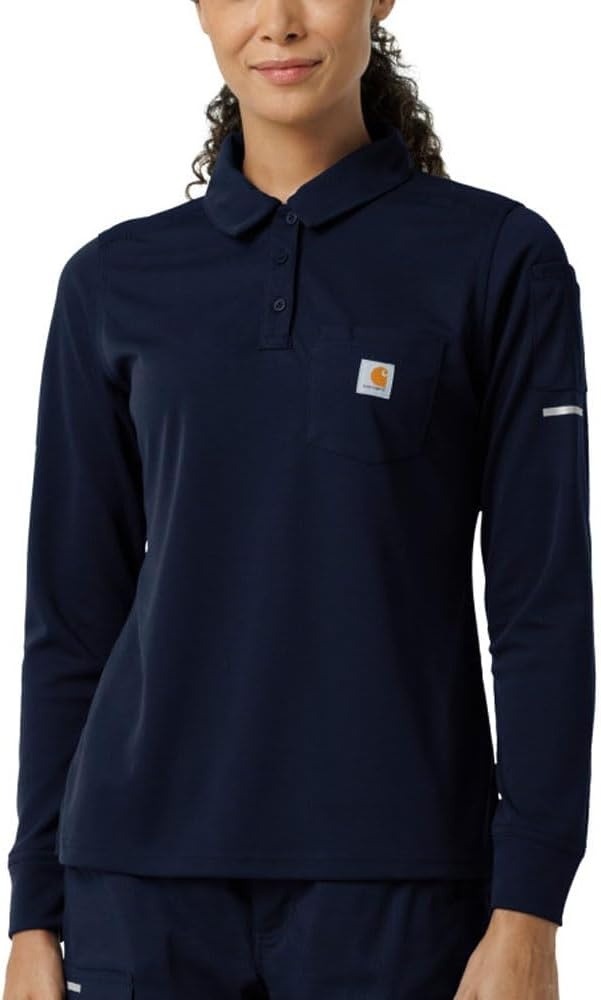 image:imageCarhartt Rugged Flex RSCU Womens Heavyweight Long Sleeve Polo Scrub TopDark Navy