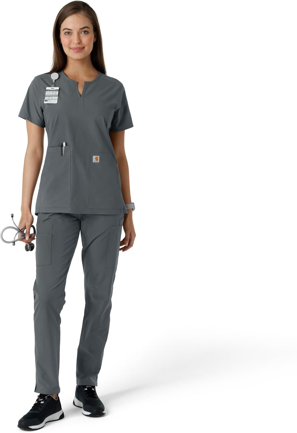 image:imageCarhartt Scrubs C12413 Womens Force Essentials Modern Fit Notch NeckPewter