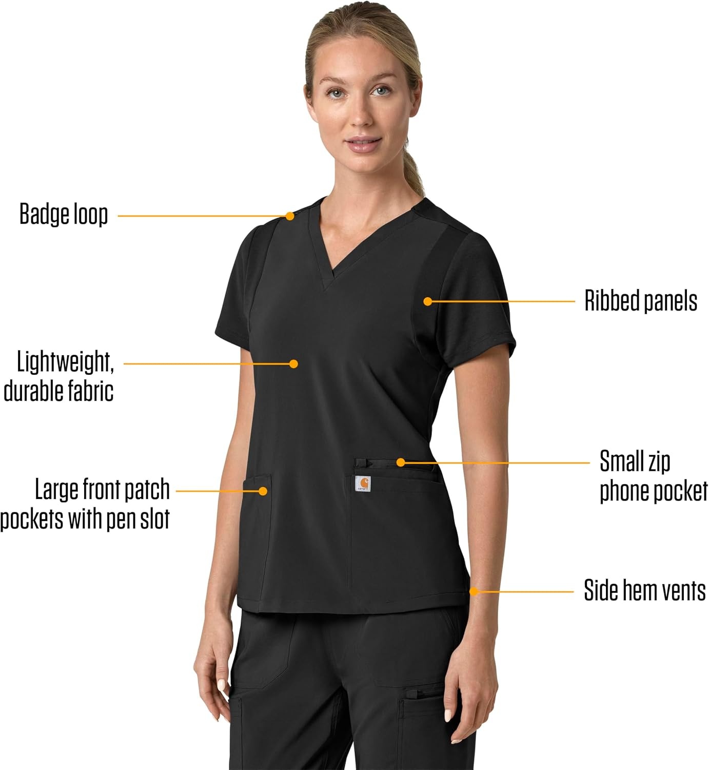 image:imageCarhartt Scrubs for Women Force CrossFlex Panel VNeck Tops with 3 PocketsBlack
