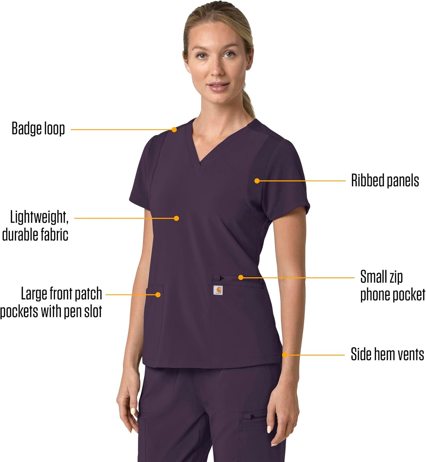 image:imageCarhartt Scrubs for Women Force CrossFlex Panel VNeck Tops with 3 PocketsBlack Plum