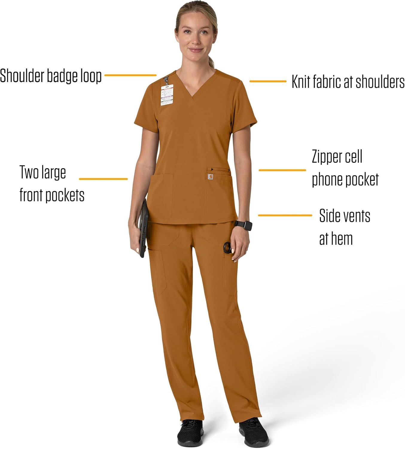image:imageCarhartt Scrubs for Women Force CrossFlex Panel VNeck Tops with 3 PocketsFox Brown