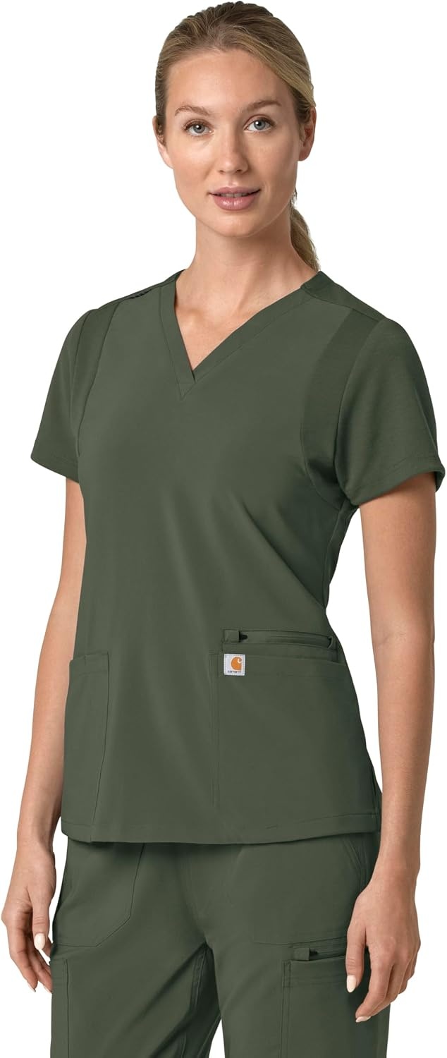 image:imageCarhartt Scrubs for Women Force CrossFlex Panel VNeck Tops with 3 PocketsOlive