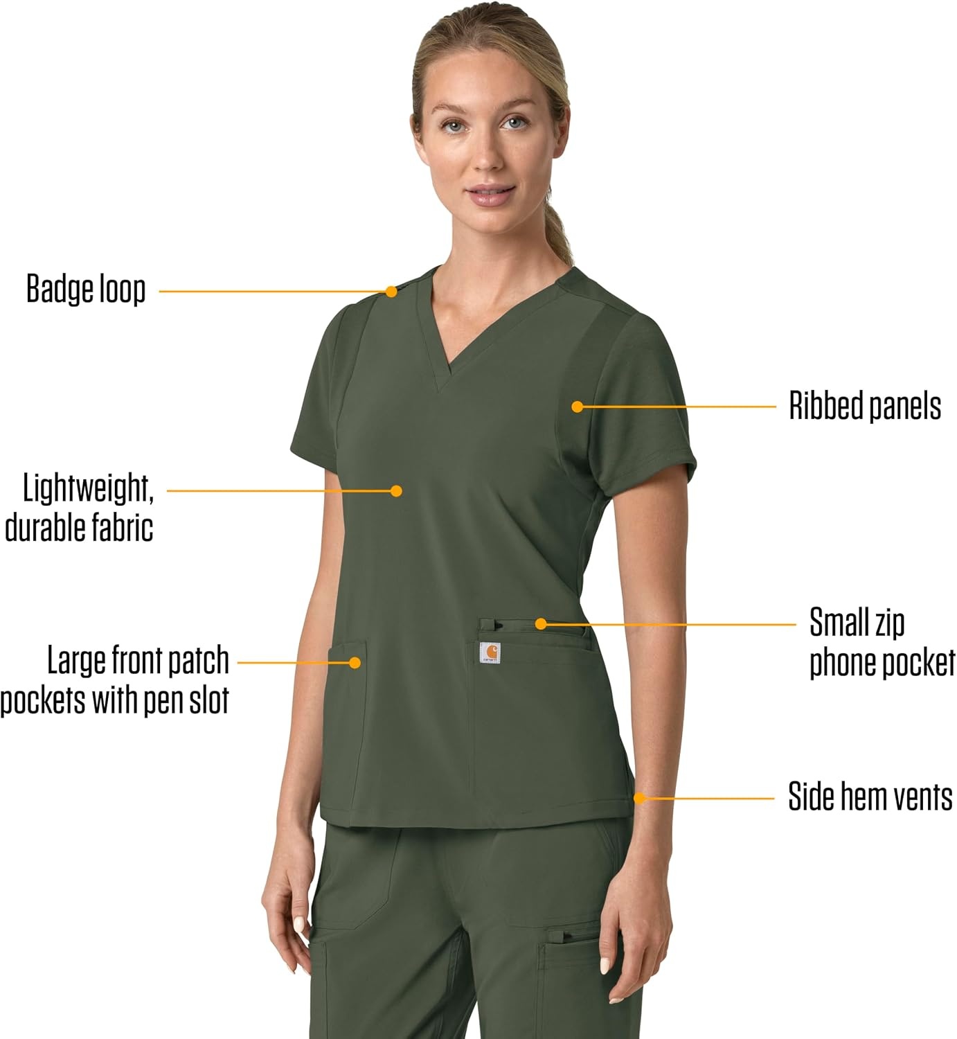 image:imageCarhartt Scrubs for Women Force CrossFlex Panel VNeck Tops with 3 PocketsOlive