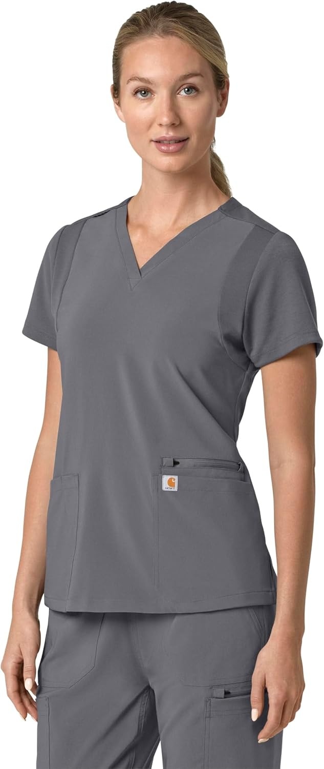 image:imageCarhartt Scrubs for Women Force CrossFlex Panel VNeck Tops with 3 PocketsPewter