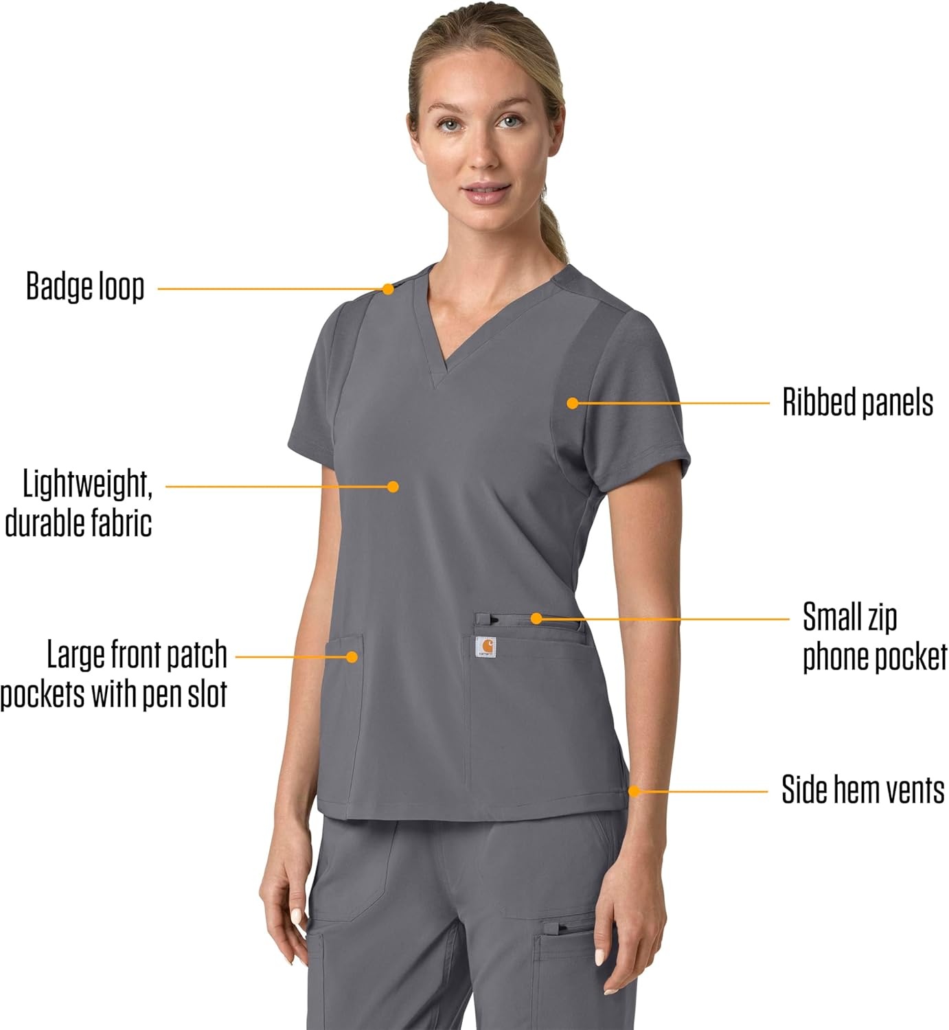 image:imageCarhartt Scrubs for Women Force CrossFlex Panel VNeck Tops with 3 PocketsPewter