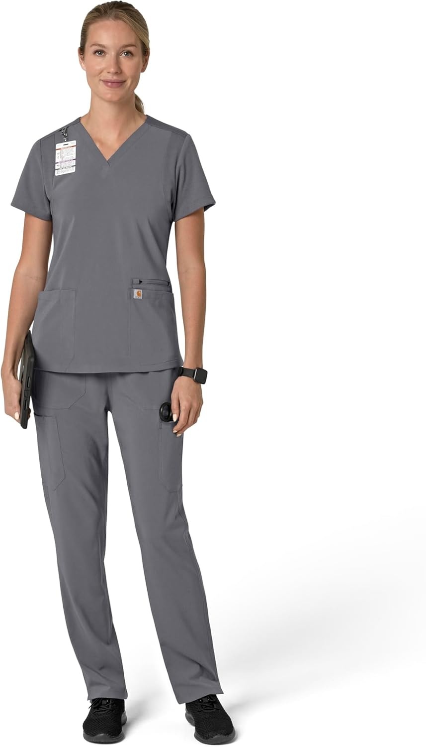 image:imageCarhartt Scrubs for Women Force CrossFlex Panel VNeck Tops with 3 PocketsPewter