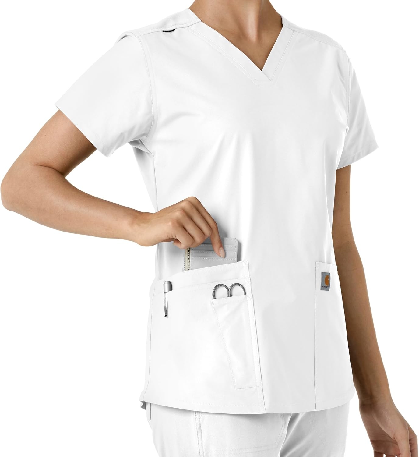 image:imageCarhartt Scrubs for Women Force CrossFlex Panel VNeck Tops with 3 PocketsWhite