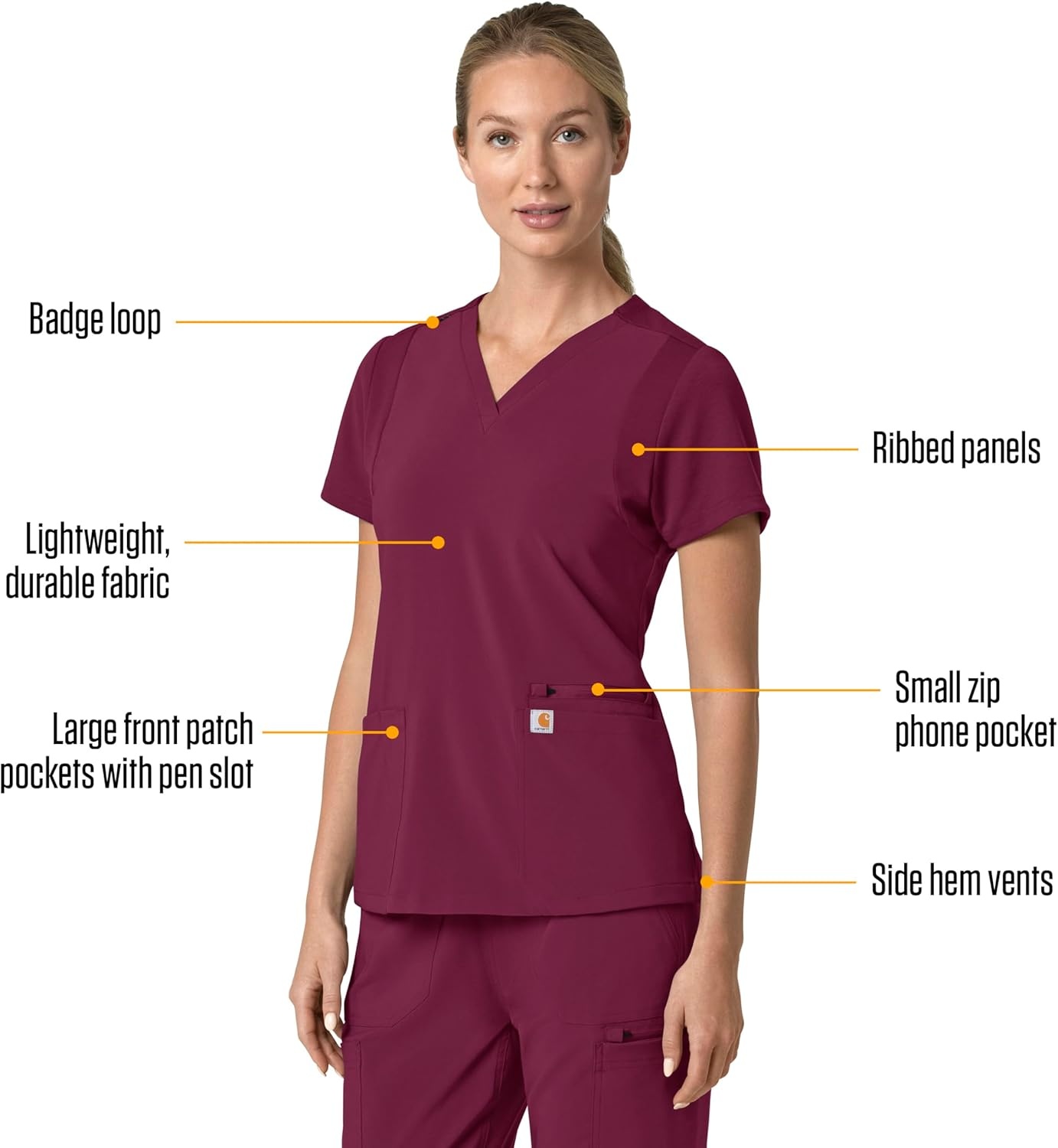 image:imageCarhartt Scrubs for Women Force CrossFlex Panel VNeck Tops with 3 PocketsWine