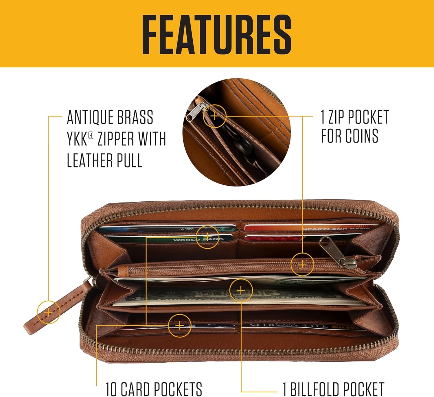 image:imageCarhartt Womens Casual Full Grain Leather Wallets Multiple Card and Cash Compartments for Easy AccessBrown Clutch Wallet