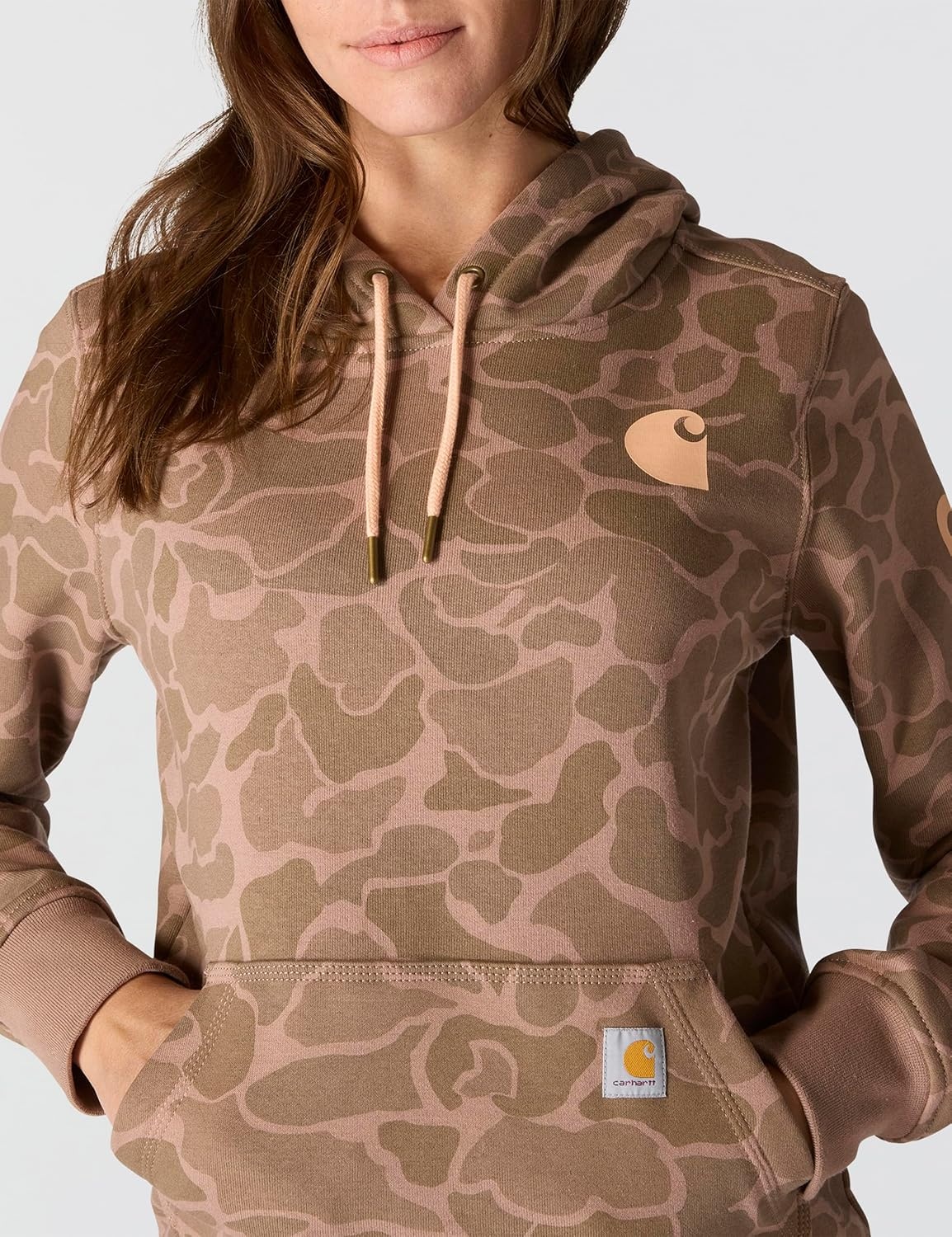 image:imageCarhartt Womens Relaxed Fit Midweight Logo Sleeve Graphic Printed SweatshirtSoft Sepia Vintage Camo