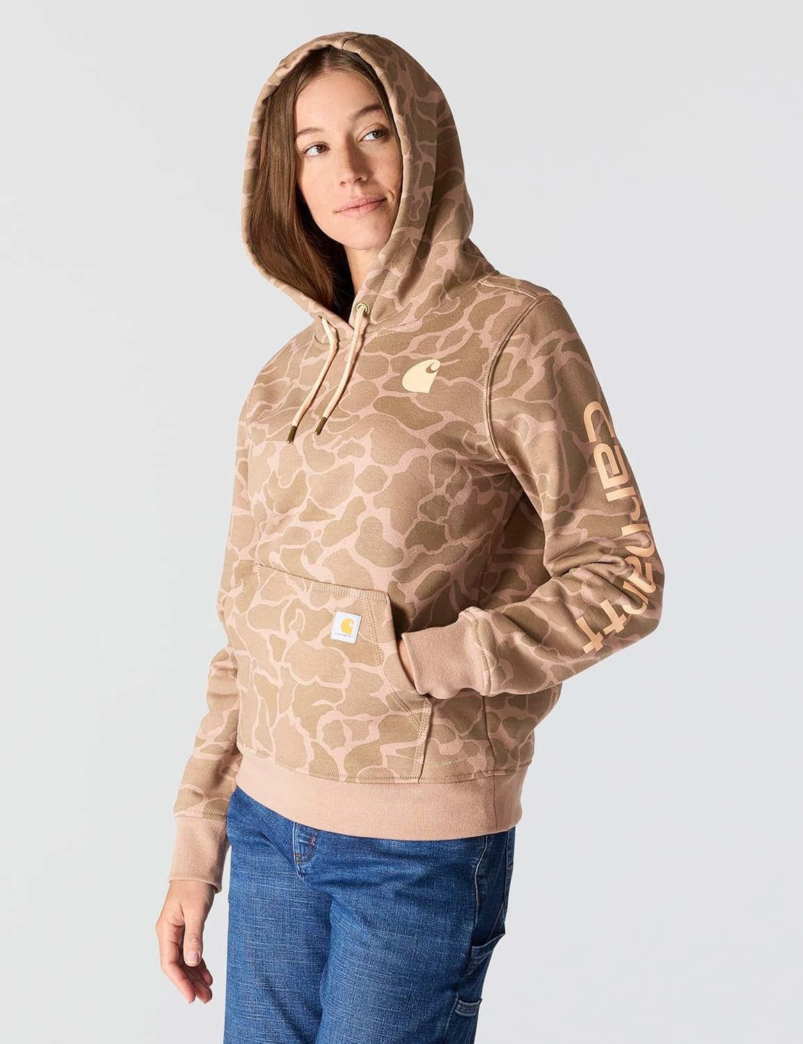 image:imageCarhartt Womens Relaxed Fit Midweight Logo Sleeve Graphic Printed SweatshirtSoft Sepia Vintage Camo