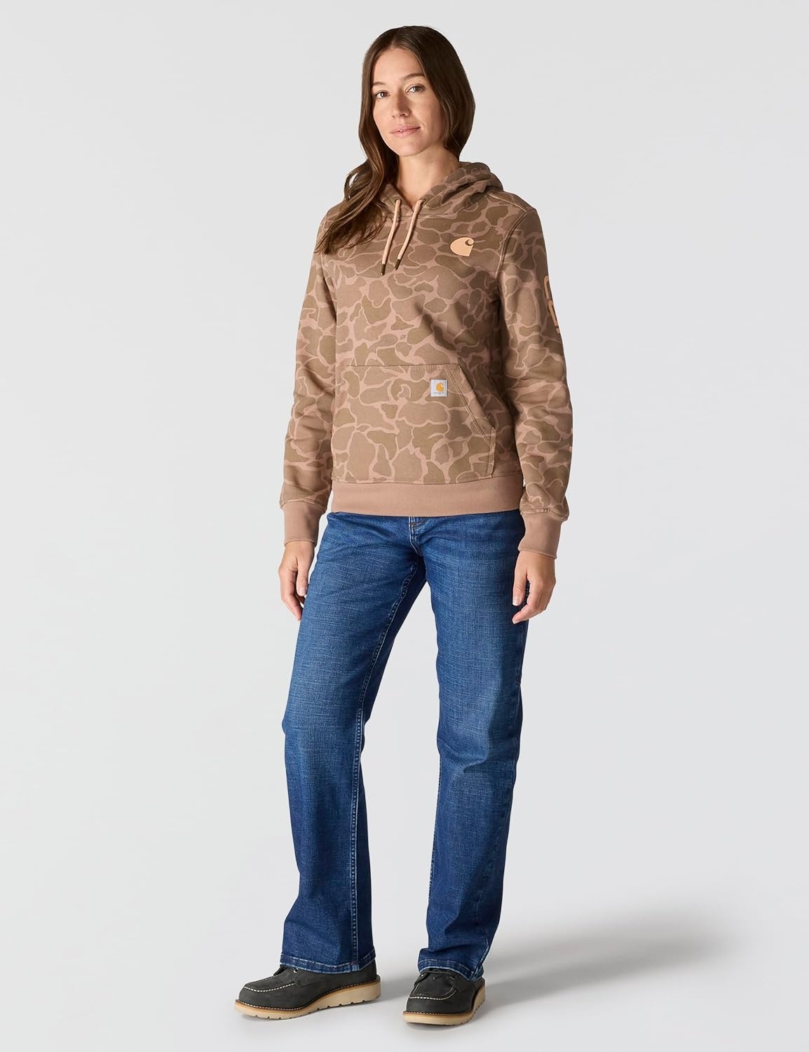 image:imageCarhartt Womens Relaxed Fit Midweight Logo Sleeve Graphic Printed SweatshirtSoft Sepia Vintage Camo