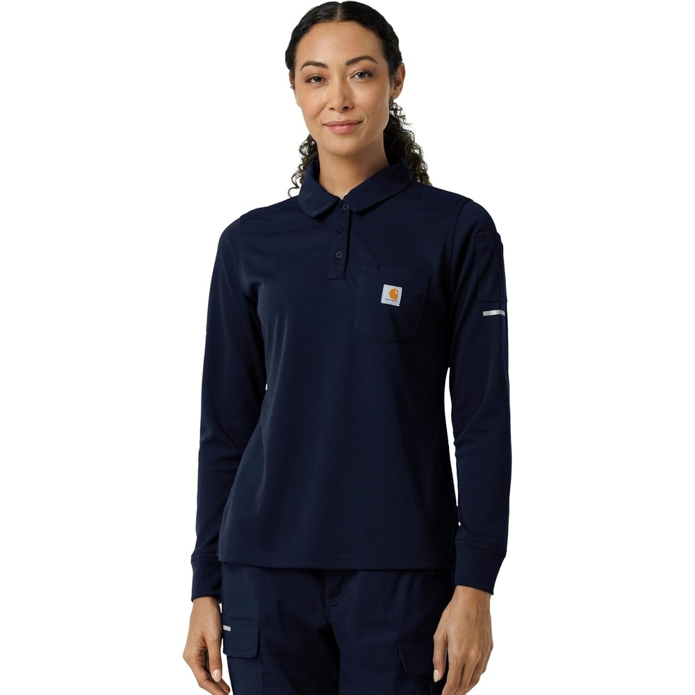 image:imageCarhartt Rugged Flex RSCU Womens Heavyweight Long Sleeve Polo Scrub TopDark Navy