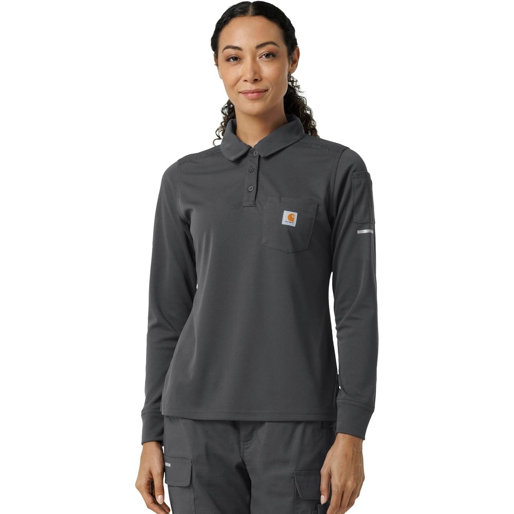 image:imageCarhartt Rugged Flex RSCU Womens Heavyweight Long Sleeve Polo Scrub TopPewter