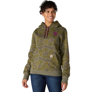 Carhartt Women’s Relaxed Fit Midweight Logo Sleeve Graphic Printed Sweatshirt(Dusty Olive Vintage Camo)