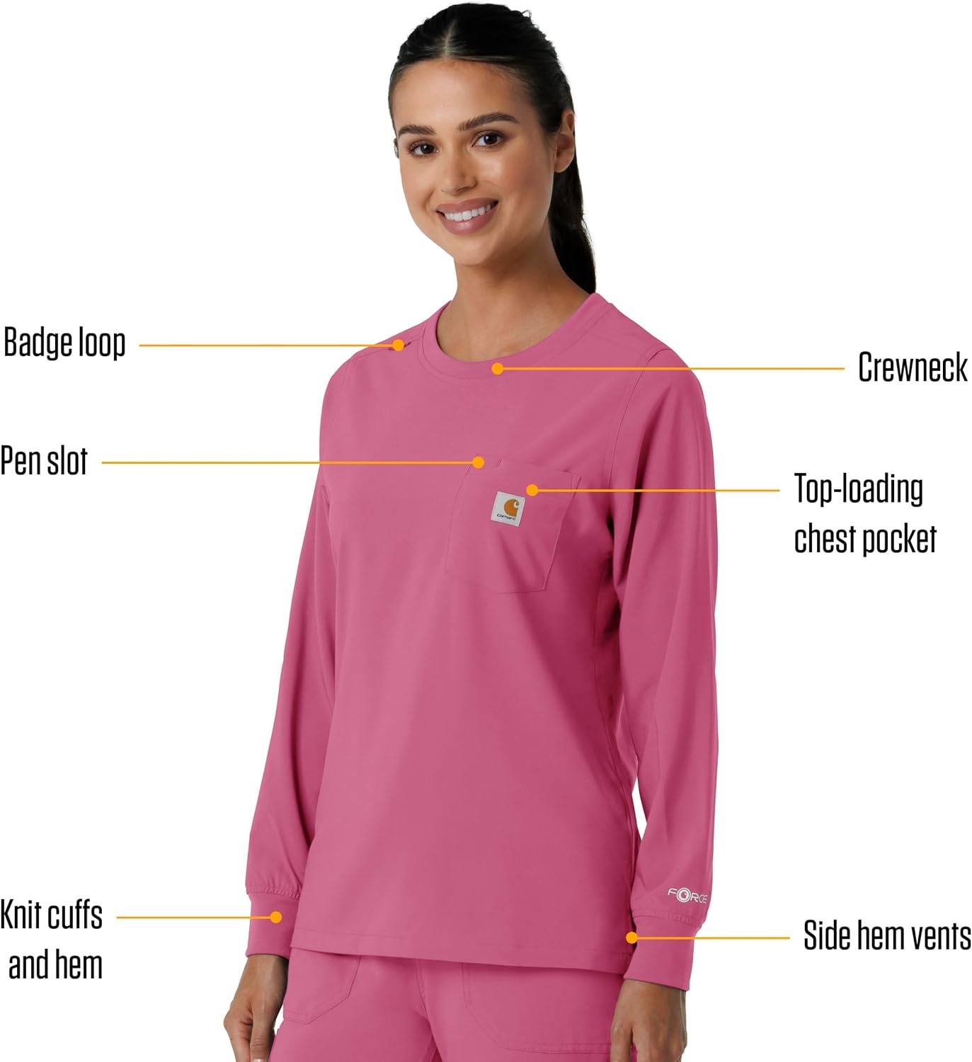 image:imageCarhartt Force CrossFlex Womens Crew Neck Long Sleeve Scrub TopElectric Fuschia