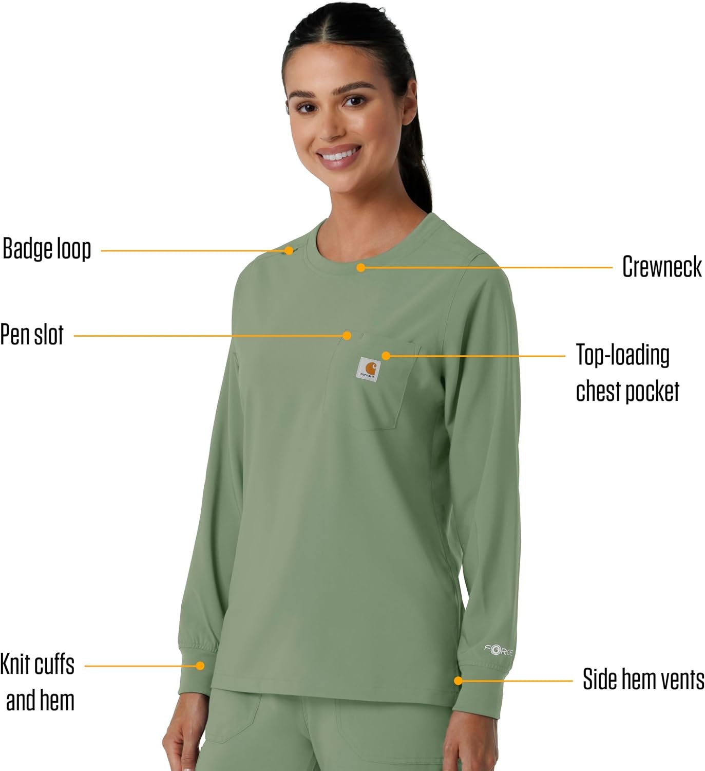 image:imageCarhartt Force CrossFlex Womens Crew Neck Long Sleeve Scrub TopGreen Slate