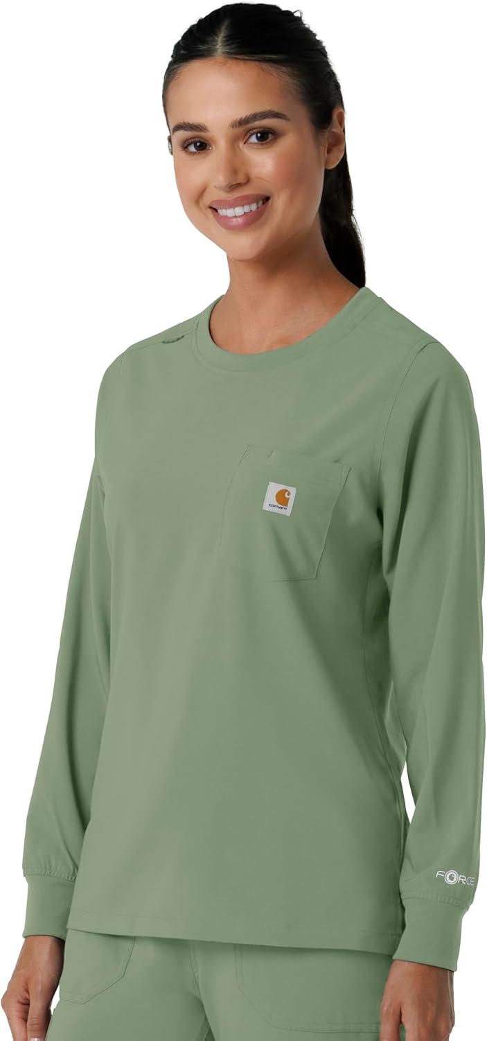 image:imageCarhartt Force CrossFlex Womens Crew Neck Long Sleeve Scrub TopGreen Slate