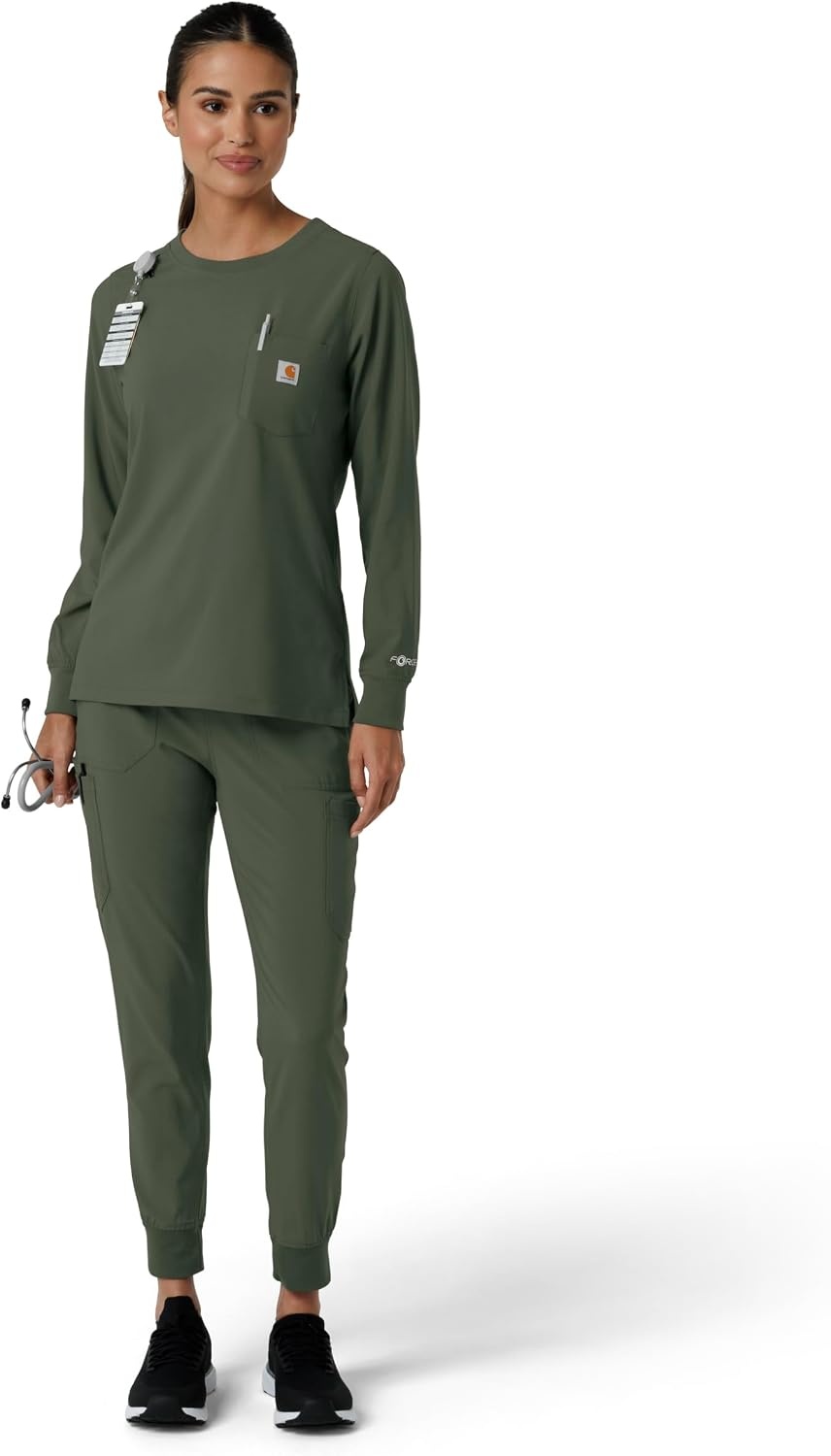 image:imageCarhartt Force CrossFlex Womens Crew Neck Long Sleeve Scrub TopOlive