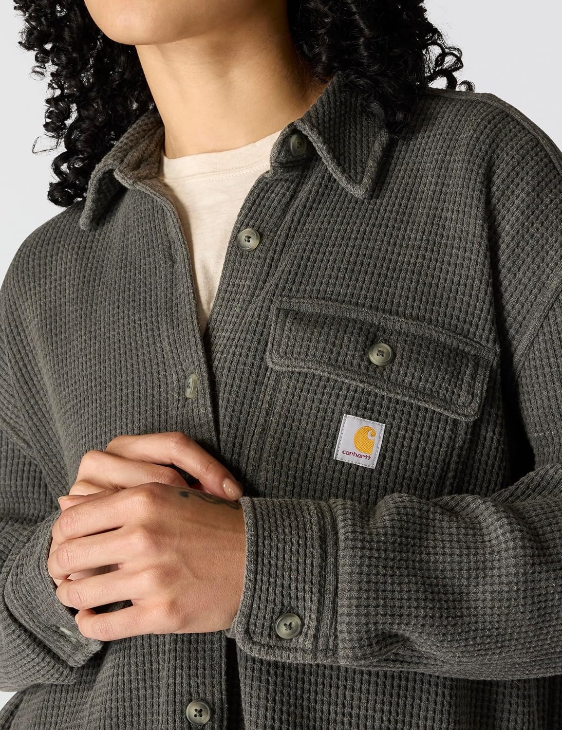 image:imageCarhartt Womens Oversizedfit Heavyweight Waffle Knit ShirtCarbon Heather
