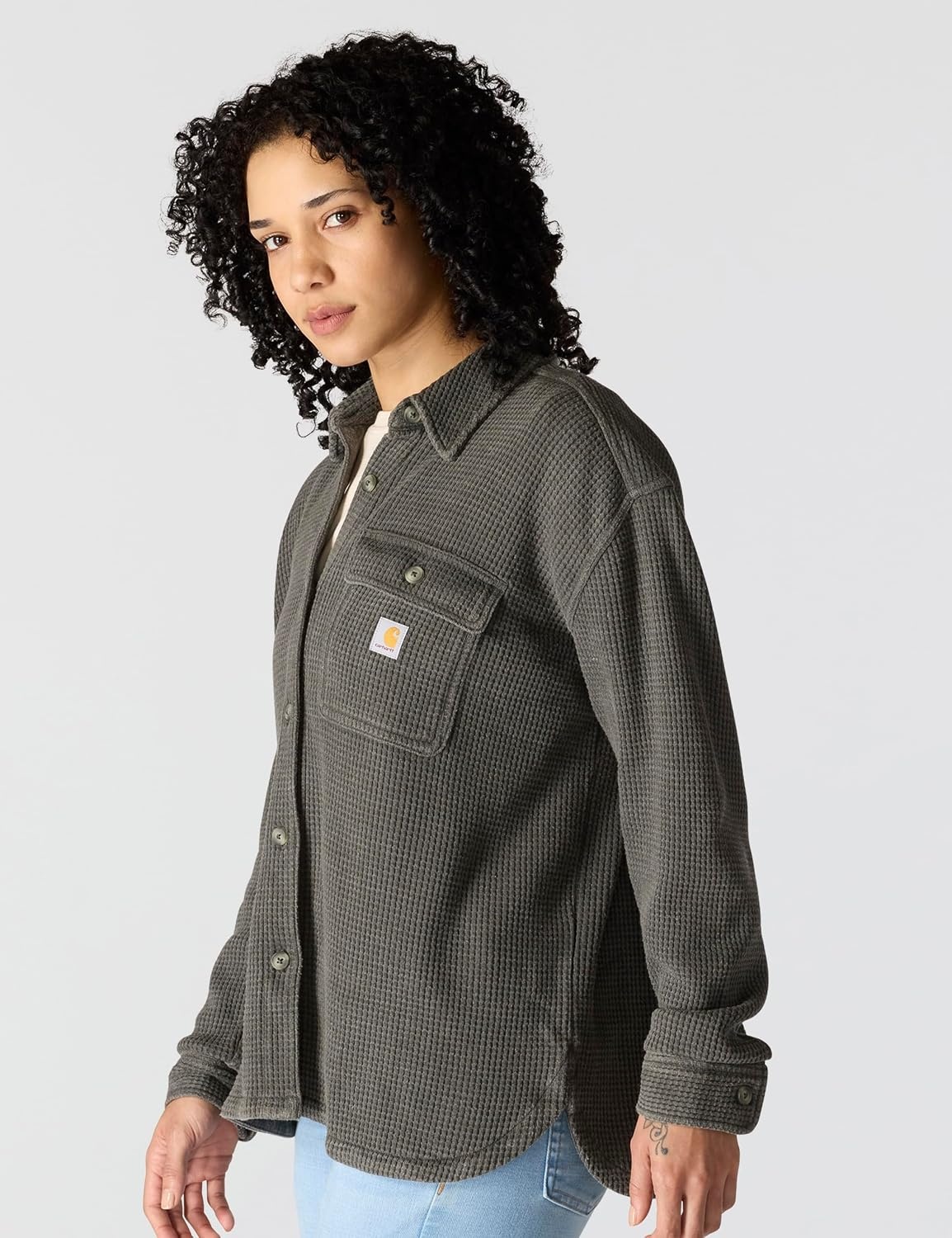 image:imageCarhartt Womens Oversizedfit Heavyweight Waffle Knit ShirtCarbon Heather