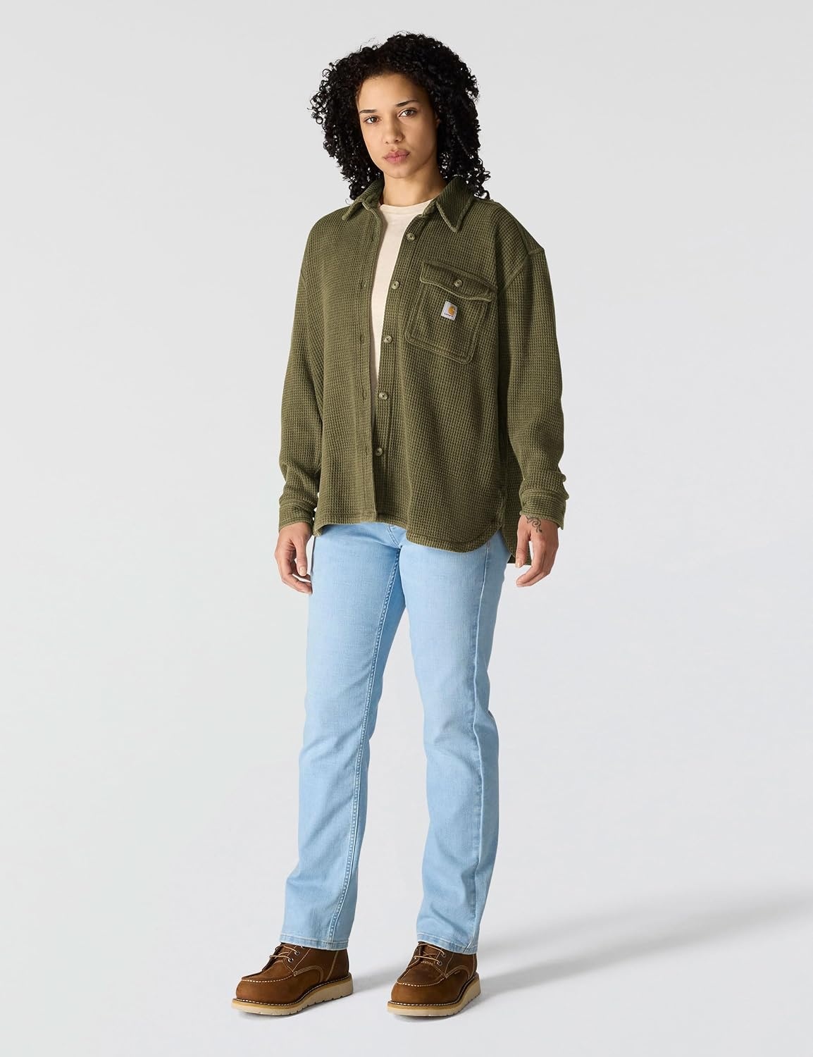 image:imageCarhartt Womens Oversizedfit Heavyweight Waffle Knit ShirtDark Bronzed Green