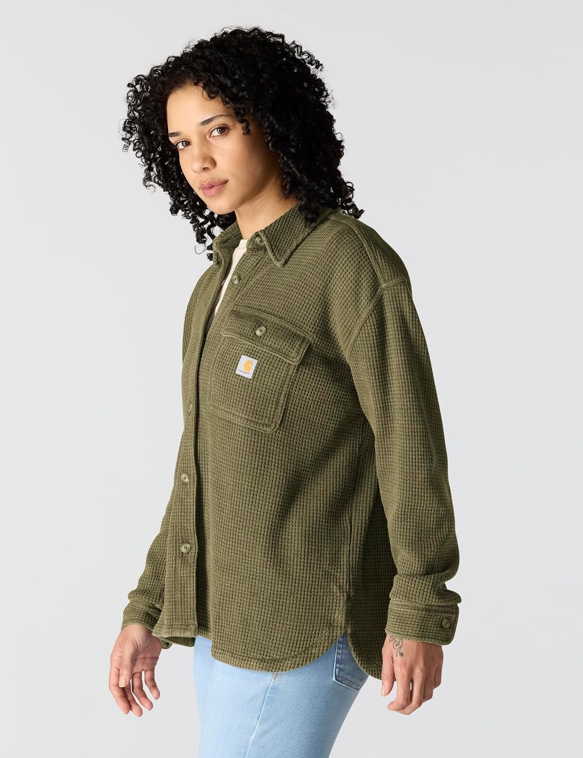 image:imageCarhartt Womens Oversizedfit Heavyweight Waffle Knit ShirtDark Bronzed Green